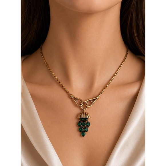 Trifari Jewelry - Trifari Vintage Green Crystal Grape Necklace Gold Tone Old Money Dark Academia